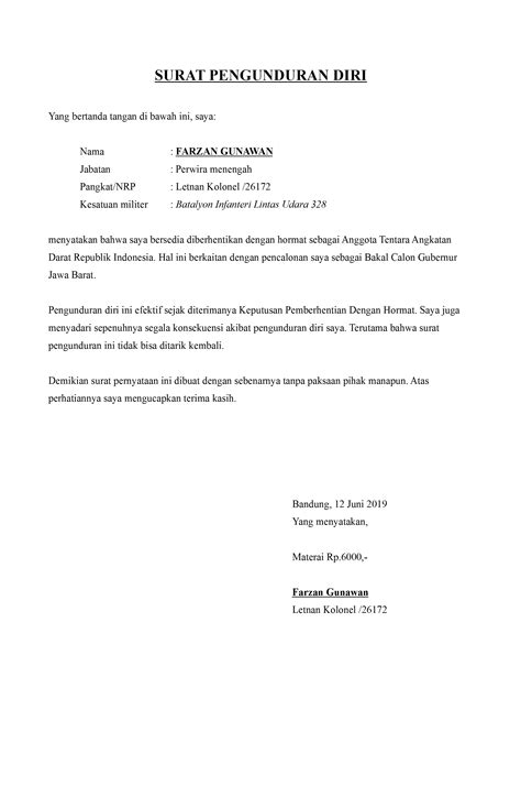 Namun dalam mengundurkan diri tentu saja ada prosesnya, dalam hal ini dengan cara menggunakan surat resign. Contoh Surat Pengunduran Diri Anggota Tni - Kumpulan ...
