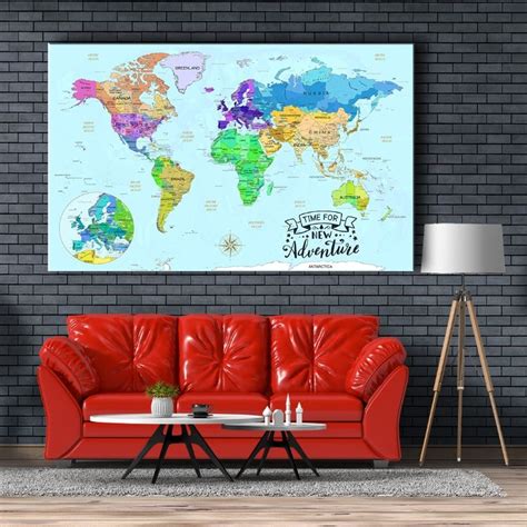 World Map Wall Art Watercolor World Map Canvas Art Large Etsy World