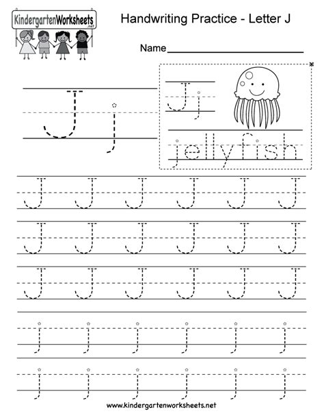 The goal is to use these free handwriting worksheets, activities, handwriting pdf printables and ideas to increase exposure and practice time to help develop handwriting skills in children. Letter J Writing Practice Worksheet - Free Kindergarten English Worksheet for Kids