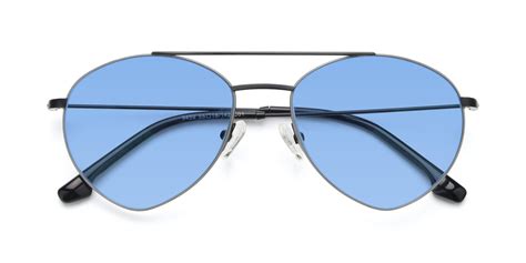 Matte Black Grey Geek Chic Aviator Geometric Tinted Sunglasses With Medium Blue Sunwear Lenses