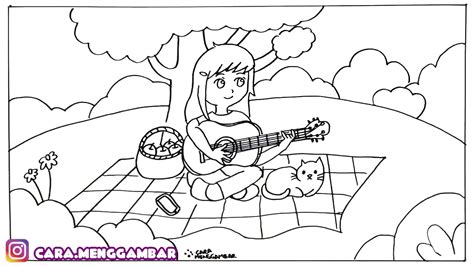 Cara Menggambar Dan Mewarnai Tema Bermain Alat Musik Gitar Di Taman