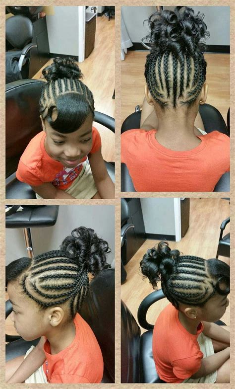 I did these mini braids/ box braids on my daughter's natural hair and this is a bunch of different style ideas that are perfect for school! Cornrow Spiral Ponytail | Cornrow, Kid hairstyles and Cornrows