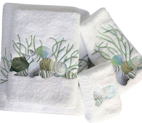Embroidered Blue Shells On White Cotton Terry Towels Embroidered