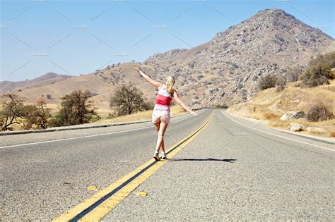Girl Walking Along Road High Quality People Images Creative Market