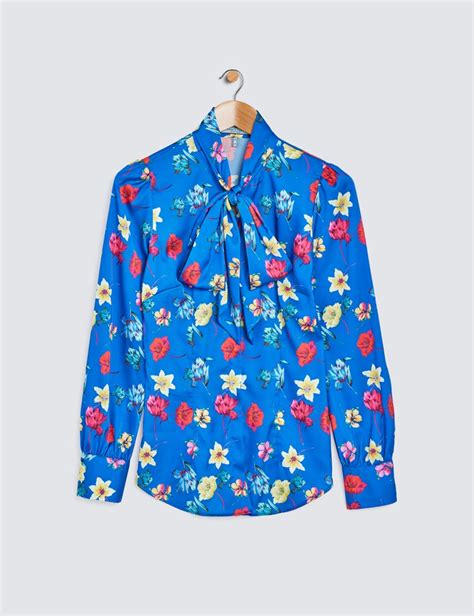 Women S Fitted Blouse With Floral Print And Pussy Bow In Blue Pink