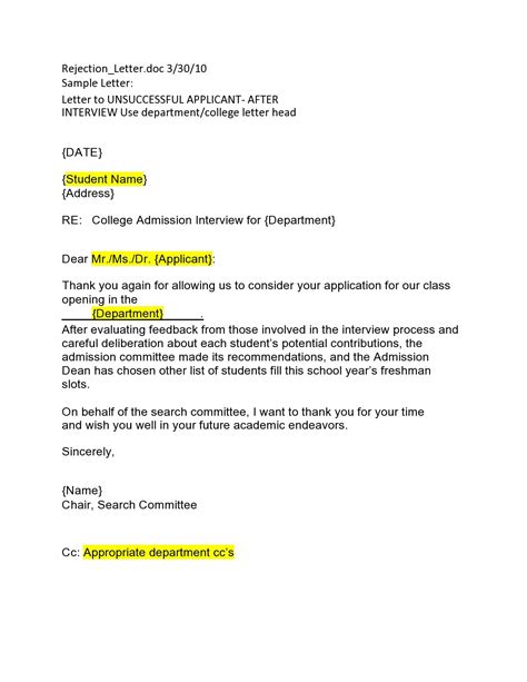 Download 39 Unsuccessful Applicants Sample Rejection Letter For Job