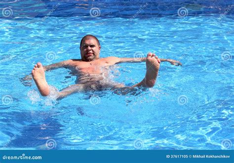 Fun Overweight Man In Pool Stock Image Image Of Happy