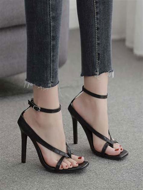 High Heel Sandals Black Open Toe Ankle Strap Stiletto Heel Thong