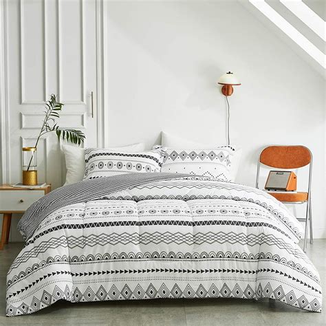 Bohemian Comforter Set White Black Lightweight Geometric Aztec Bedding