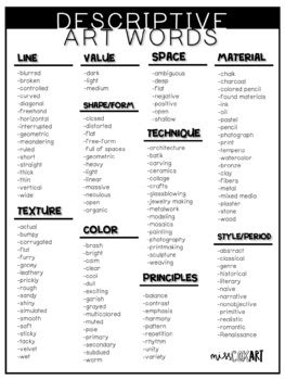 Descriptive Art Words by Art Ed Collective | Teachers Pay Teachers