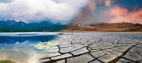 Landscape With Mountains And A Lake And A Dried Desert Global Climate