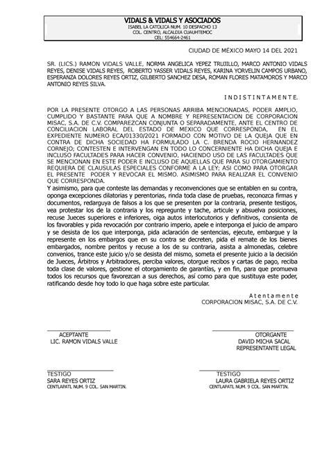 Carta Poder Centro DE Conciliación laboral estado de mexico VIDALS VIDALS Y ASOCIADOS ISABEL