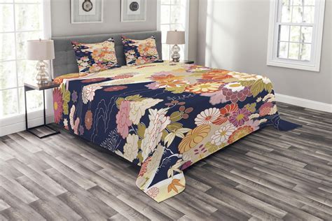 Japanese Bedspread Set Traditional Kimono Motifs Composition Asian