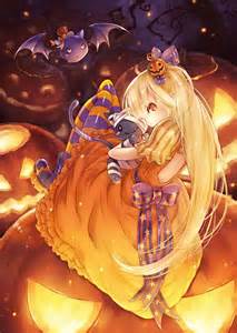 Halloween Anime Girl Cute Bright Pumpkin Jack O Lantern Bat Mummy Cat
