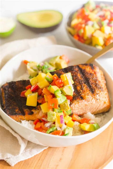 Grilled Salmon With Avocado Mango Salsa Greens And Chocolate