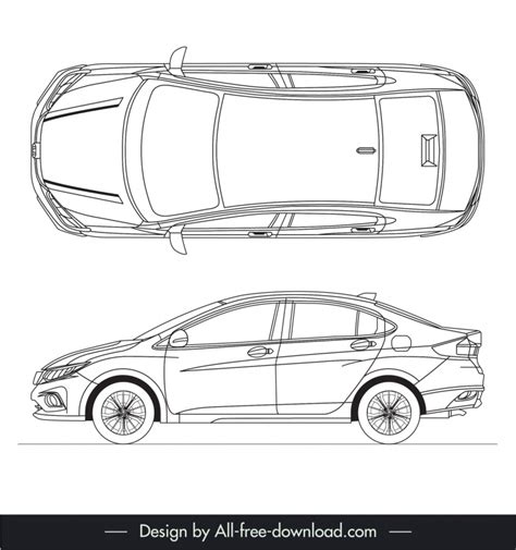 Honda City 2017 Car Model Icons Flat Handdrawn Top View Side View