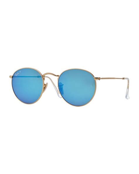 Ray Ban Polarized Round Metal Frame Sunglasses With Blue Mirror Lens In Blue Lyst