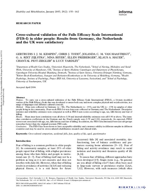 Pdf Cross Cultural Validation Of The Falls Efficacy Scale