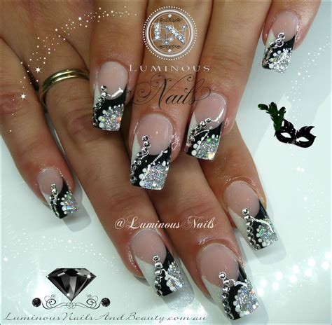 Black White And Silver Nails With Crystals Silver Nail Designs
