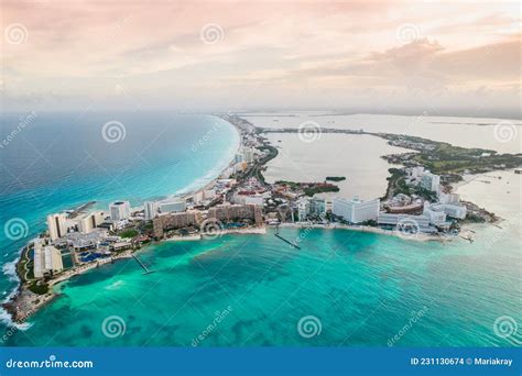 Aerial Panoramic View Of Cancun Beach And Hotel Zone In Mexico