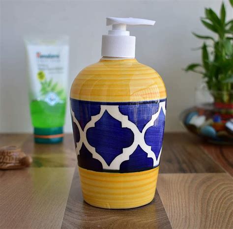 Ceramic Liquid Soap Dispenser For Lotion Shampoo Conditioner 450 Ml Yellow Colour Hand