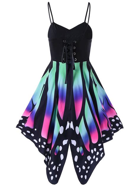 Colormix 2xl High Waist Butterfly Print Lace Up Dress