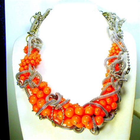 Sale Recycled Coral Color Beaded Bib Necklace Wrapped In Etsy