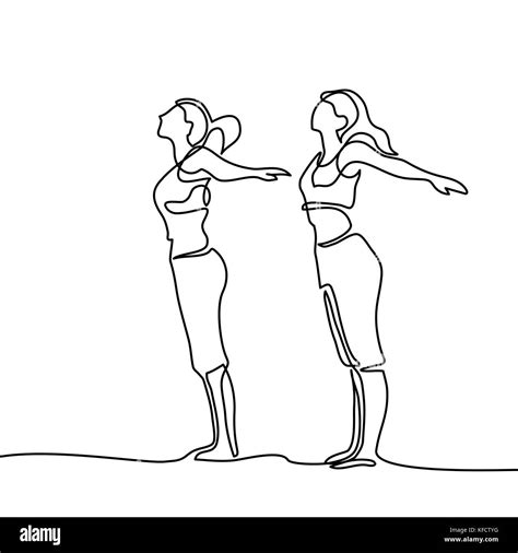 Continuous Line Drawing Two Women Doing Exercise In Yoga Pose Vector Illustration Stock Vector