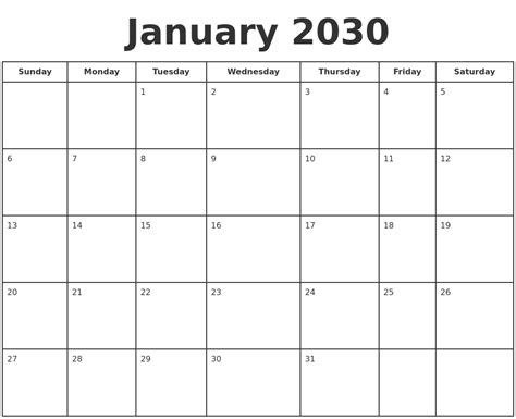 January 2030 Print A Calendar