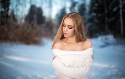 wallpaper winter snow trees background model portrait makeup hairstyle for mobile and