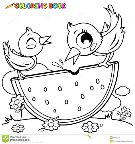 Enjoy art and have fun being creative and becoming an artist! Birds Eating Watermelon Coloring Book Page Stock Vector ...