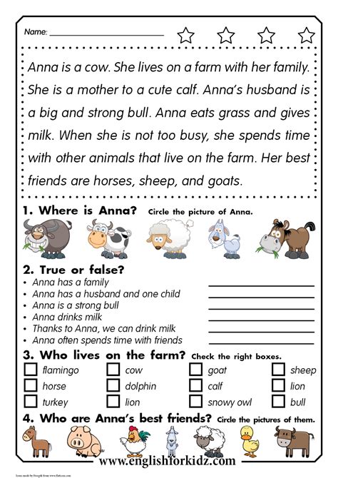 Reading Comprehension Worksheets Anna The Cow