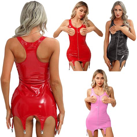 Women Sexy Patent Leather Bodycon Dresses Sleeveless Zipper Mini Dress