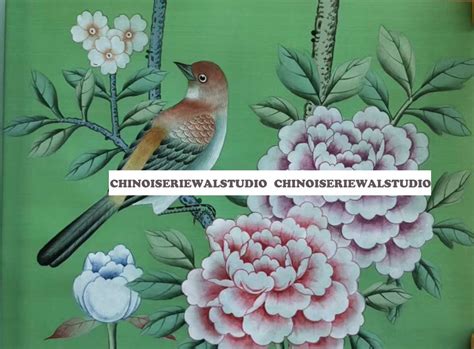 Sample For Chinoiserie Hand Painted Wallpaper On Green Silk Etsy