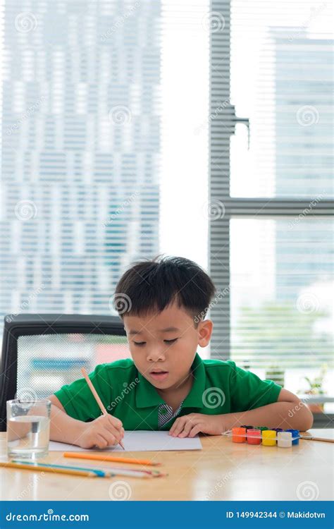 Cute Boy Is Drawing Using Color Pencils Isolated Over White Stock