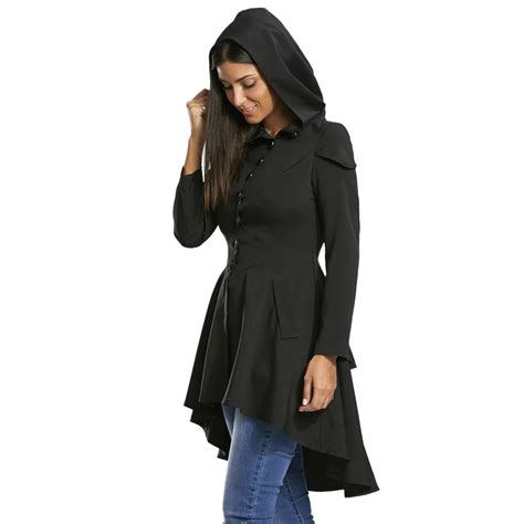 Gamiss Woemn Plus Size Lace Up High Low Hooded Long Coat Autumn Black