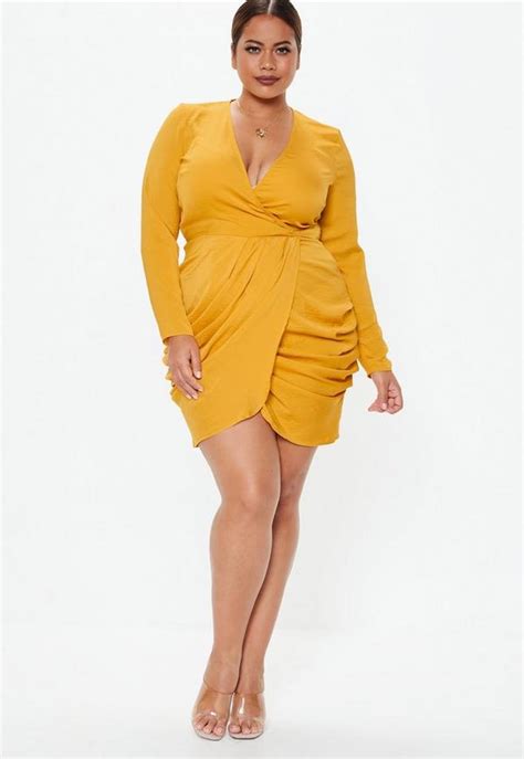 Plus Size Mustard Yellow Satin Wrap Over Ruched Side Dress Missguided