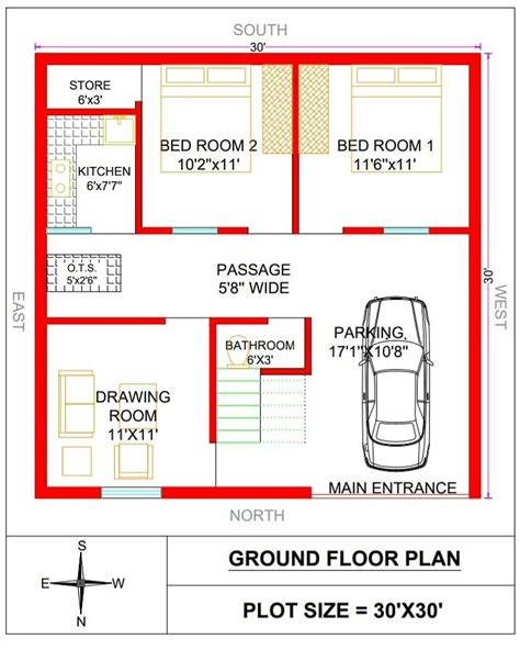 30x30 House Plan With Car Parking 900 Sq Ft House Plan 3030 House
