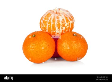 Fresh Mandarins And Peeled Mandarin Isolated On White Background Stock