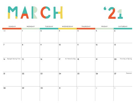 Printable March 2021 Calendar Holidays Template One Platform For