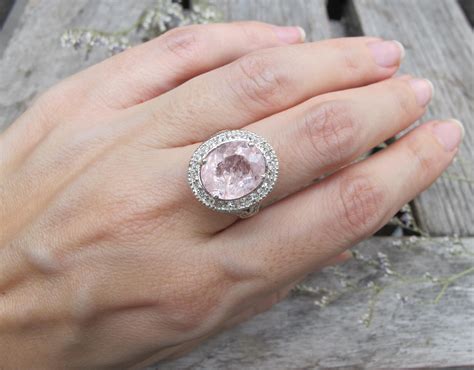 Large Pink Morganite Vintage Halo Engagement Ring Genuine Raw