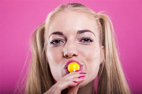 Headshot Of Blond Woman Licking Lollipop Stock Photo Image Of Real