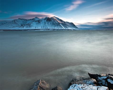 Wallpaper Iceland Charming Scenery Sea Snow Capped Mountains Sunset