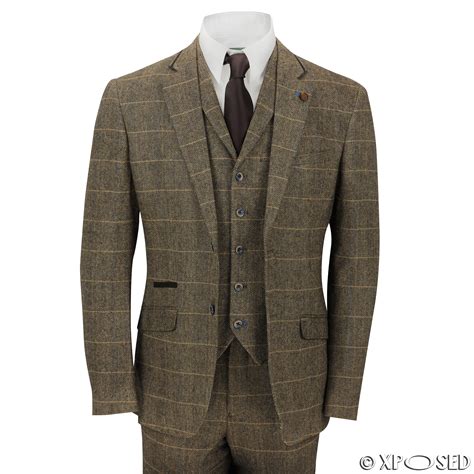 mens 3 piece tweed suit vintage herringbone check retro slim fit tan brown grey ebay