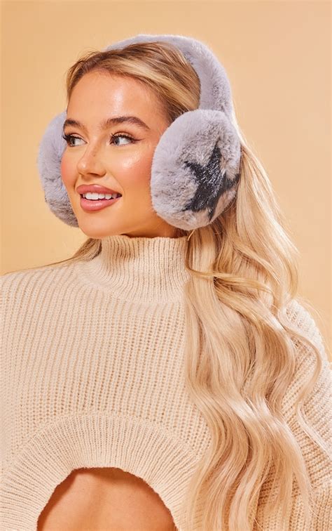 Grey Fluffy Star Ear Muffs Accessories Prettylittlething Aus