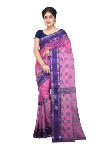 Wooden Cotton Tant Weaving Print Handloom Saree In Beige With Red