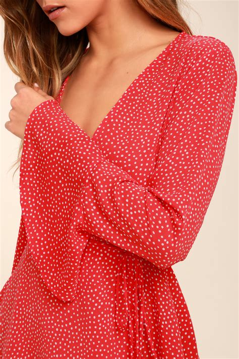 Red And White Polka Dot Top Wrap Top Bell Sleeve Top