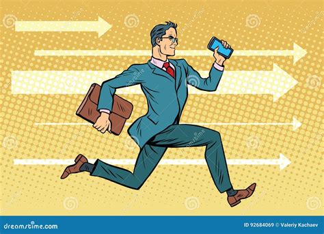 Businessman With A Smartphone Running Fast Forward Stock Vector