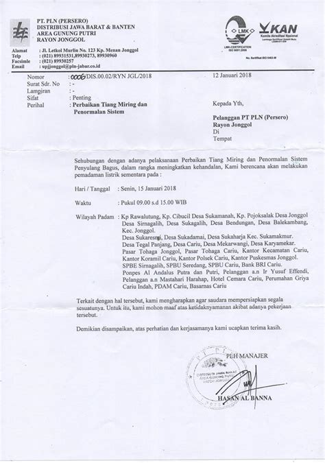 Contoh Surat Pemberitahuan Pemadaman Listrik Folder Contoh Surat