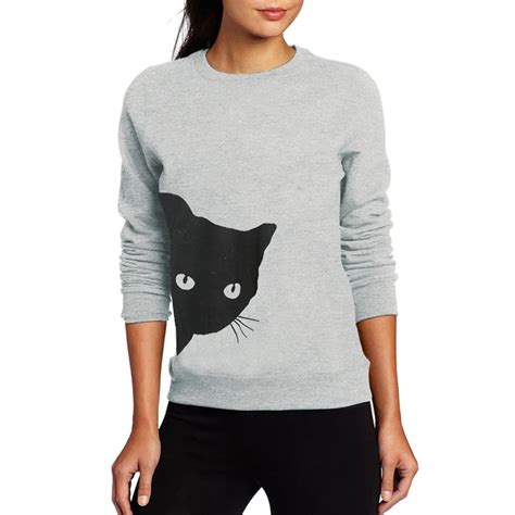 Casual Women Cat Print Sweatshirt Long Sleeves Fleece Warm Hoodies